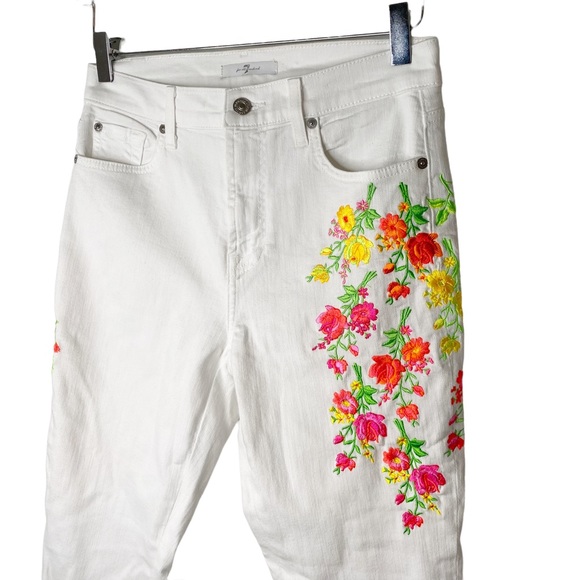7 For All Mankind 7FAMK Neon Floral Embroidery Flare White Cropped Kick Jeans 28 - Picture 9 of 15